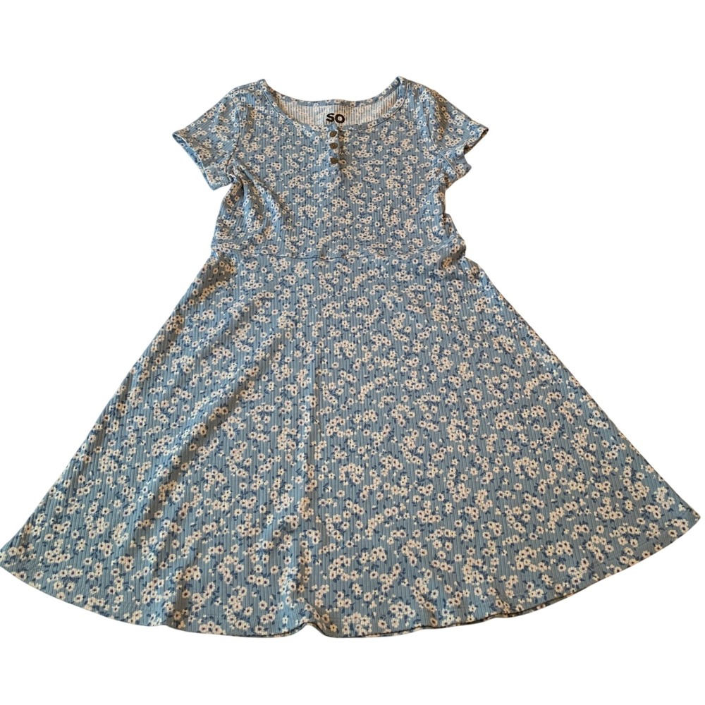 SO Girls Blue Floral Ribbed Skater Dress Daisy Short Sleeve Size L 10/12